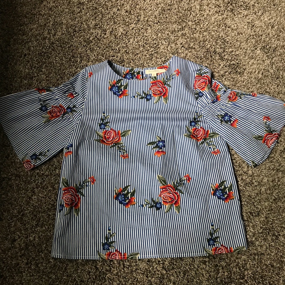 Bell sleeve striped floral shirt